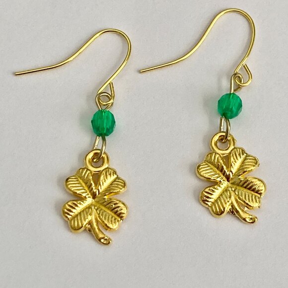 Shamrock Earrings Gold Plated Irish 4 Leaf Clover Luck Celtic St. Patricks Day - Picture 5 of 7